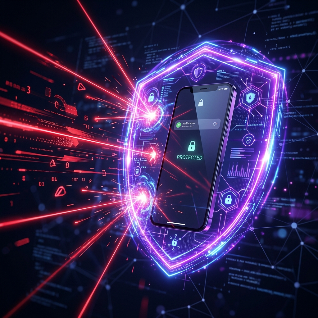 3D cybersecurity shield protecting a smartphone